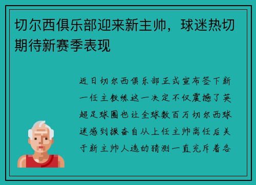 切尔西俱乐部迎来新主帅，球迷热切期待新赛季表现